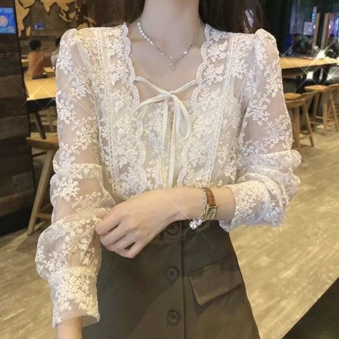 シフォンフラワーレーストップス